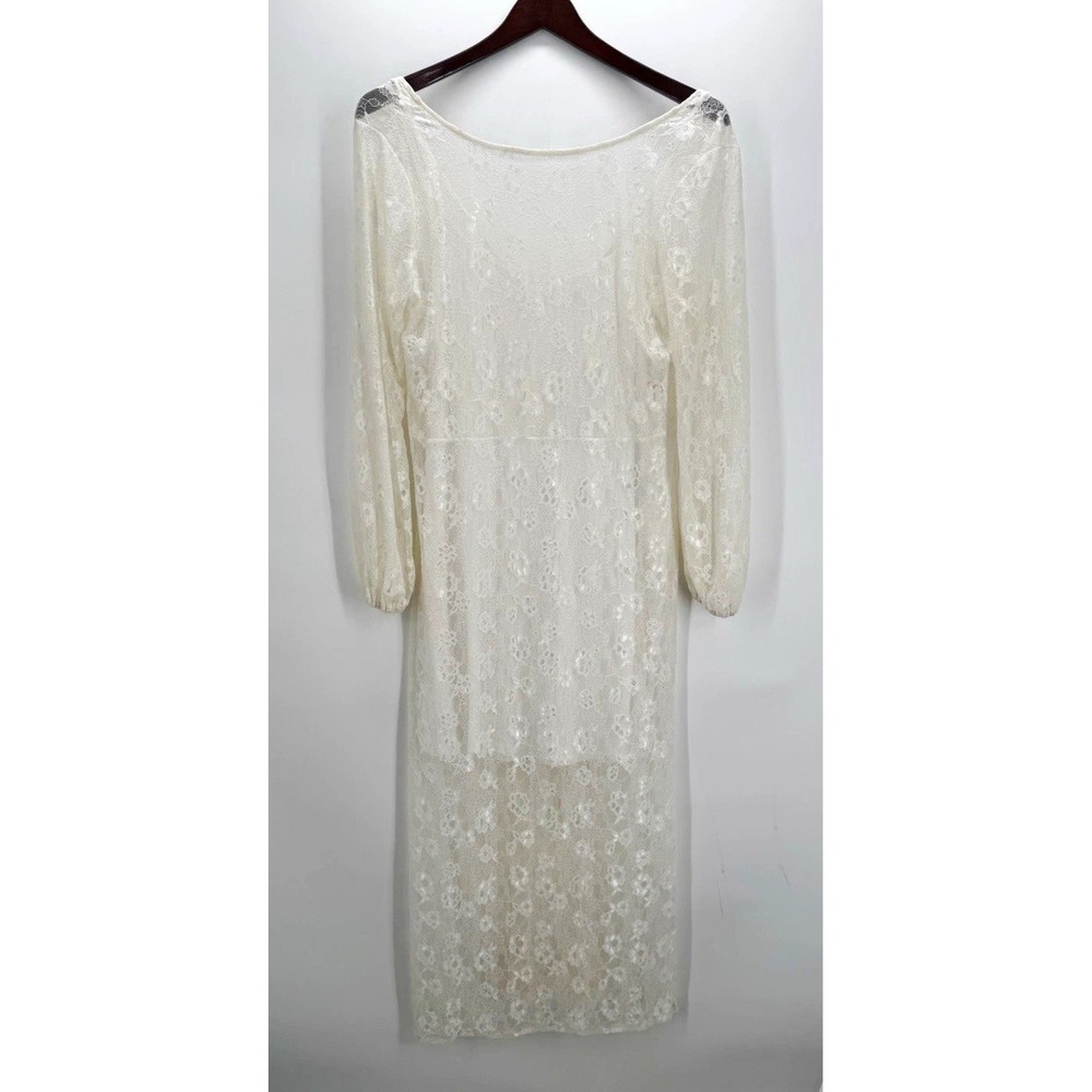 NWT Open Edit Ivory Floral Lace Long Puff Sleeve Shift Dress L Lined Sheer